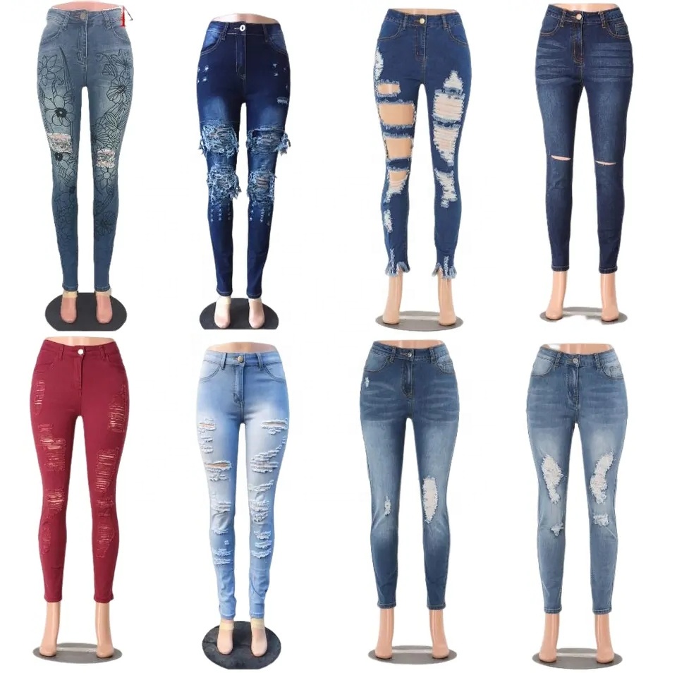 Jean Boyfriend taille haute pour femmes, Jean Stretch déchiré et déchiré