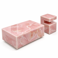 Table basse et table d'appoint à plusieurs niveaux en marbre onyx rose de luxe, ensemble de meubles de salon en pierre naturelle translucide