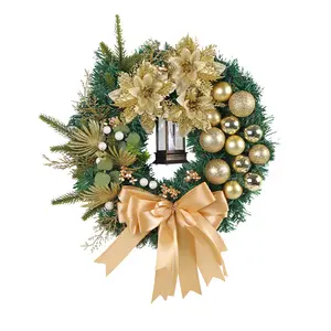 Golden Christmas Wreath with Pine Needle and Ball Window Display Door Hanging Decoration for Holidays