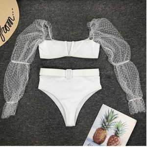 Ensemble <span class=keywords><strong>de</strong></span> Bikinis Sexy à pois blancs, <span class=keywords><strong>maillot</strong></span> <span class=keywords><strong>de</strong></span> <span class=keywords><strong>bain</strong></span> femmes, maille, manches bouffantes, soutien-gorge, <span class=keywords><strong>haut</strong></span> court, taille haute, bas, 2 pièces - Product Image 5