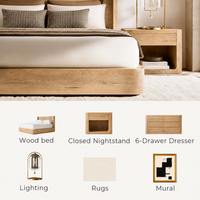 Lit plateforme en bois massif de luxe avec tête de lit en rotin sculptée à la main, ensemble de meubles de chambre à coucher modernes