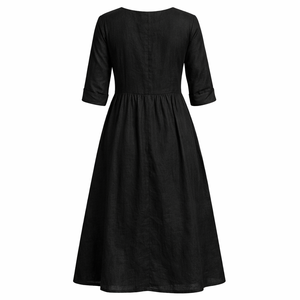 Abito Midi da Donna Personalizzato in Misto Lino e Cotone Nero con Scollo a V, Maniche con Polsino, Vita Aderente e Gonna Svasata – Abbigliamento Casual e da Festa - Product Image 3