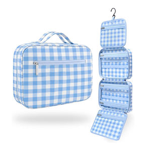 Trousse de Toilette Bleue à Carreaux Vichy, Taille Moyenne, Suspendable, Fermeture Éclair, Poches Plates, Sac Cosmétique Élastique Sécurisé, Sacs et Trousse de Maquillage - Product Image 3