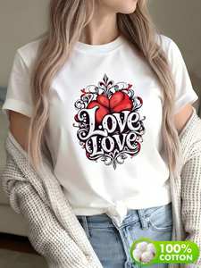 Camiseta con estampado de corazón para mujer, manga corta, cuello redondo, 100% algodón, corte holgado, informal, para el día de San Valentín, S-4XL - Product Image 3