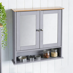 Mobiletto Moderno da Parete per <span class=keywords><strong>Cucina</strong></span> e Bagno con Ante a Specchio, Ripiano Aperto, Top in Legno, Organizzatore Salvaspazio - Product Image 6