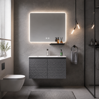 Meuble-lavabo de salle de bain gris foncé ultra-plat suspendu avec panneaux géométriques en relief et miroir LED à capteur tactile