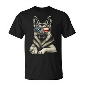 T-shirt en coton noir avec motif patriotique, chien berger allemand, drapeau américain, lunettes de soleil, design patriotique, unisexe, taille adulte M L XL XXL - Product Image 3