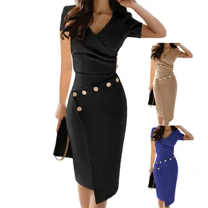 Chinese Manufacturer Short Sleeve Khaki Western Midi Dress for Female Women