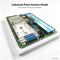 Maquette de section d'usine industrielle moderne en plastique ABS blanc, avec équipements bleus, unités jaunes, tuyauterie jaune et réservoirs d'eau