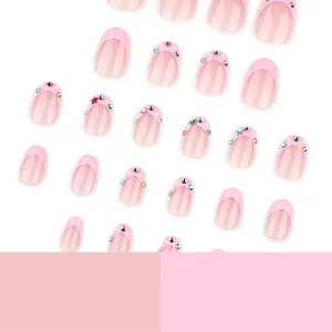 <span class=keywords><strong>Uñas</strong></span> Acrílicas Rosadas con Puntas Francesas, 24 Piezas, <span class=keywords><strong>Color</strong></span> <span class=keywords><strong>Rosa</strong></span> Nude, <span class=keywords><strong>Cortas</strong></span>, <span class=keywords><strong>Decoradas</strong></span> con Diamantes de Colores, <span class=keywords><strong>Uñas</strong></span> Postizas para Usar en los Dedos, Manicura DIY - Product Image 5