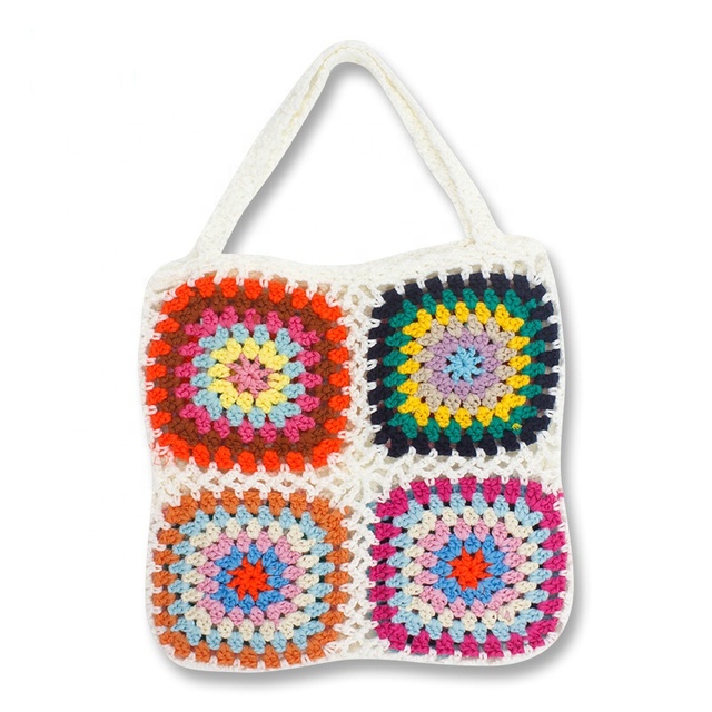 Ethnic Knit Bag Handmade Vintage Square Boho Tote Crochet Handbag