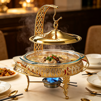 Réchaud alimentaire rond décoratif FLEY en acier inoxydable avec bol de service en verre, brûleur à alcool et support surélevé pour buffets de restaurant