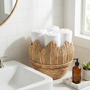 Rustic Water Hyacinth <b>Storage</b> <b>Basket</b> with Scalloped Edge, Boho Handwoven Crown Shaped <b>Wicker</b> Indoor Planter Pot Cover - Product Image 3