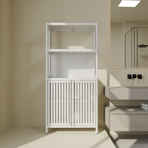 White Bamboo <b>Storage</b> Cabinet With 2 Doors Floor Cabinet Organizer For Bathroom Living Room Kitchen Entrance - Product Image 1