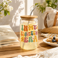ZUFIO Cadeau d'anniversaire 18 ans pour filles, gobelet en verre léger de 14 oz avec couvercle en bambou et paille, sans BPA, inclut une carte d'anniversaire