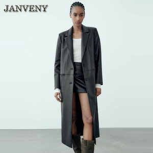 JANVENY 2024 Nuovo Cappotto in <span class=keywords><strong>Ecopelle</strong></span> Sopra il Ginocchio Primavera-Autunno da Donna <span class=keywords><strong>Nero</strong></span> con Risvolto Versatile Ampio <span class=keywords><strong>Trench</strong></span> in Pelle Artificiale - Product Image 3