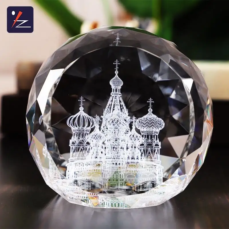 Fancy Diamond Faceted Shape Crystal Crafts Ball 3D Bola de cristal grabada para la decoración de la oficina en el hogar