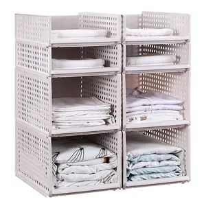 Stackable Plastic Storage Basket, Foldable Closet Organizers And Storage Bins, Shelf Storage Container For Wardrobe Cupboard