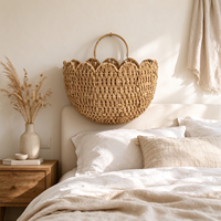 Panier mural bohème en rotin/paille tressé à la main, panier de rangement en dentelle ondulée, décoration murale écologique pour la maison