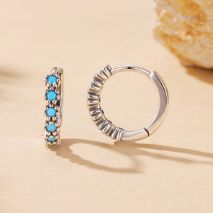 Boucles d'oreilles créoles en argent sterling 925 avec turquoise verte, cercle pavé, pour femme, bijoux fins vintage BSE1276 - Product Image 4