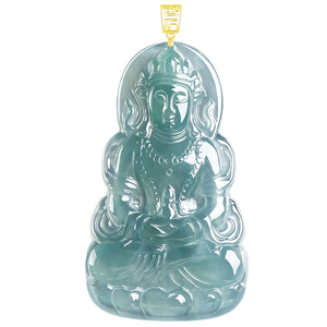 หยกเจไดต์แท้เกรด A พร้อมตัวล็อกทองคำ 18K จี้หยกพระโพธิสัตว์กวนอิมสีน้ำเงิน คุณภาพเยี่ยม - Product Image 2