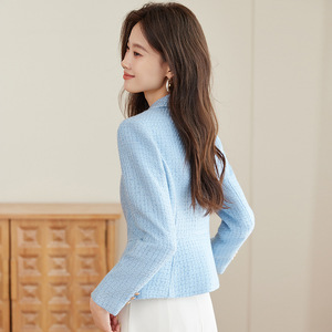 Women's Blazer Light Blue Plaid Polyester Anti-Wrinkle Spring Autumn Wear - Product Image 4