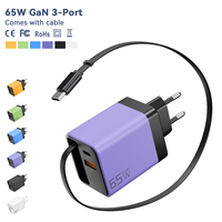 Chargeur rapide GaN 65W avec câble Type C, chargeur mural 3 ports, adaptateur pour ordinateur portable QC3.0