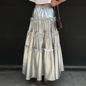 PU Layered <strong>Silver</strong> Latest Design Woman <strong>Skirt</strong> Ruffle Pleated Fashion High Waist 2023 Ladies Leather Maxi Long Women's <strong>Skirts</strong> - Product Image 2