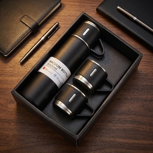 Set de Termo de Acero Inoxidable con Aislamiento al Vacío, Color Negro Mate, 500 ml, con <span class=keywords><strong>Tazas</strong></span> y Bolso, para Regalo Empresarial - Product Image 1