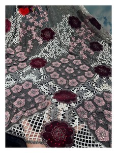 Blinglace pink 3d Floral dengan perak abu-abu <span class=keywords><strong>Lurex</strong></span> Tulle renda dengan Rhinestones beludru Laser Cut untuk indah Fashion gaun - Product Image 6