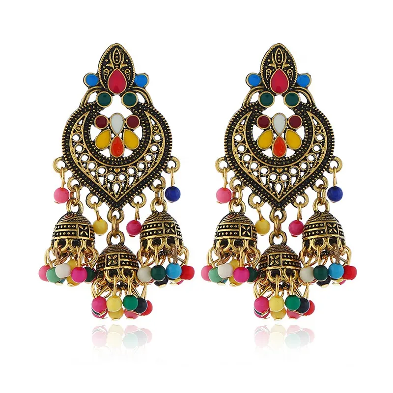 Indian jewelry for women vintage antique gold/silver ceramic beads statement Bohemian enameled tassel chandelier earrings