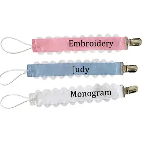 Monogrammed Pacifier holder personalized name grosgrain ribbon paci clips trimmed ric rac Pacifier holder