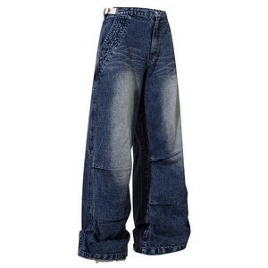 Jeans déchirés personnalisés pour hommes, style Y2K, hip-hop, coupe large, ample, en denim, 100% coton, broderie, effet usé - Product Image 1
