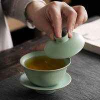 Service à thé Kung Fu trois pièces haut de gamme en porcelaine craquelée, avec bol couvert de style Tianqing Ru, pour la préparation du thé et bol à thé Gaiwan