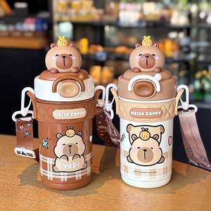 Bouteille d'eau isotherme Hello Cappy pour étudiants, marron et blanc, en acier inoxydable avec paille, rentrée scolaire 2025 - Product Image 5