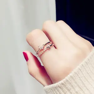 2020超级时尚简约戒指女性女孩可调整尺寸水晶蝴蝶戒指