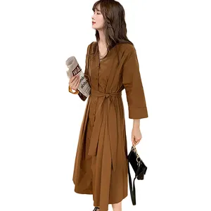 Korean Version of Light Mature Temperament V-neck Mid-length A-line Skirt with Waist Long-sleeved One-piece Dress