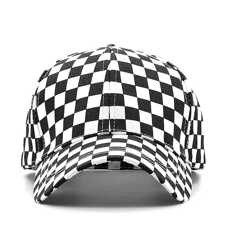 Wholesale Black And White Cotton Checked Gingham Print Outdoor Adjustable Baseball Cap Hat For Men Women