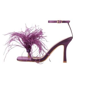 Chaussures <span class=keywords><strong>de</strong></span> <span class=keywords><strong>danse</strong></span> à plumes <span class=keywords><strong>de</strong></span> couleur violette, chaussures <span class=keywords><strong>de</strong></span> soirée à talons hauts pour femmes, sandales, prix <span class=keywords><strong>de</strong></span> gros d'usine, MOQ 30 paires avec tapis en satin - Product Image 1
