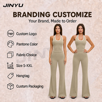 Ensemble de yoga JINYU pour femme - Débardeur à col halter et pantalon évasé sculptant le ventre et rehausseur de fesses - Tenue de sport et de gym