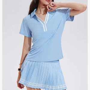 Golf Tennis Casual <span class=keywords><strong>2</strong></span>-delige sportset V-hals poloshirt met korte mouwen en hoge taille geplooide rok set Badminton fitnesskleding - Product Image 1