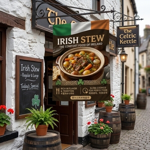 Bandera Promocional Personalizada con Diseño de Estofado Irlandés; Pancarta Promocional de Poliéster No Tejido para Exteriores; Señalización Impresa Digitalmente Resistente a los Rayos UV - Product Image 2