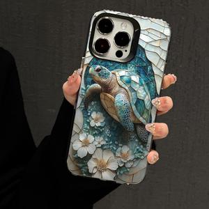 Coque de téléphone en verre teinté avec <span class=keywords><strong>tortue</strong></span> marine et fleurs pour iPhone 16/15/14/13/12 Pro Max, coque antichoc en TPU, esthétique océanique, bohème - Product Image 2