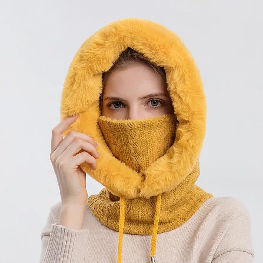 2024 nuove donne con cappuccio caldo inverno berretti Cashmere a prova di vento spesso peluche cappelli da sci pesante pile termico passamontagna con sciarpa