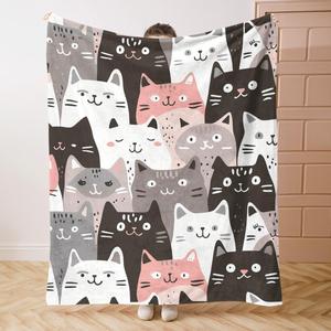Black White <b>Cat</b> Flannel Blanket Throw Blanket Nap Blanket Super Soft Machine Washable for Bed Sofa <b>Couch</b> Custom Print Wholesale - Product Image 3
