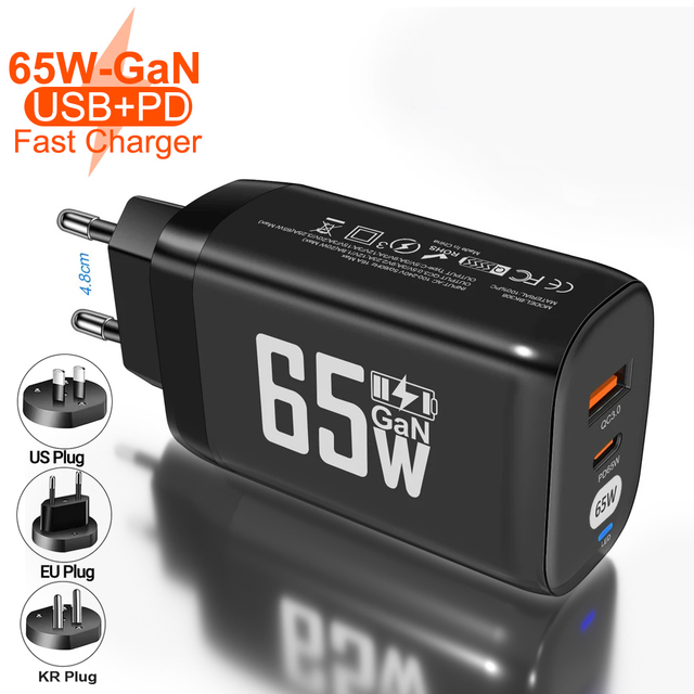 GaN 65W Charger USB Fast Charging Type C Quick Charger QC3.0 Wall Adapter 10A PD Type C Cable for iPhone Xiaomi Samsung Oneplus