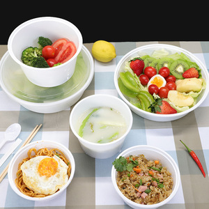 Disposable Bowls With Lids Plastic Takeaway Containers Thickened White Microwaveable For Commercial Use - Product Image 1