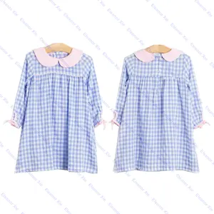 Boutique manica lunga bambino bambini ragazze vestito colletto azzurro a quadri colletto bambino ragazza vestiti vestiti