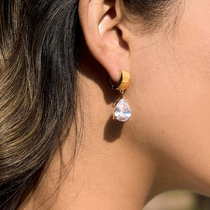 Boucles d'oreilles pendantes <span class=keywords><strong>J</strong></span>& Round Square Teasrop CZ Huggie en acier inoxydable plaqué or 18 carats avec grande pierre, bijou cadeau pour femme - Product Image 4
