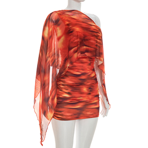 Viviblook Q26DS032 Women Summer <b>Dress</b> Sexy Fashionable Print Asymmetrical One Shoulder Pleated Mini Bodycon <b>Dress</b> - Product Image 2